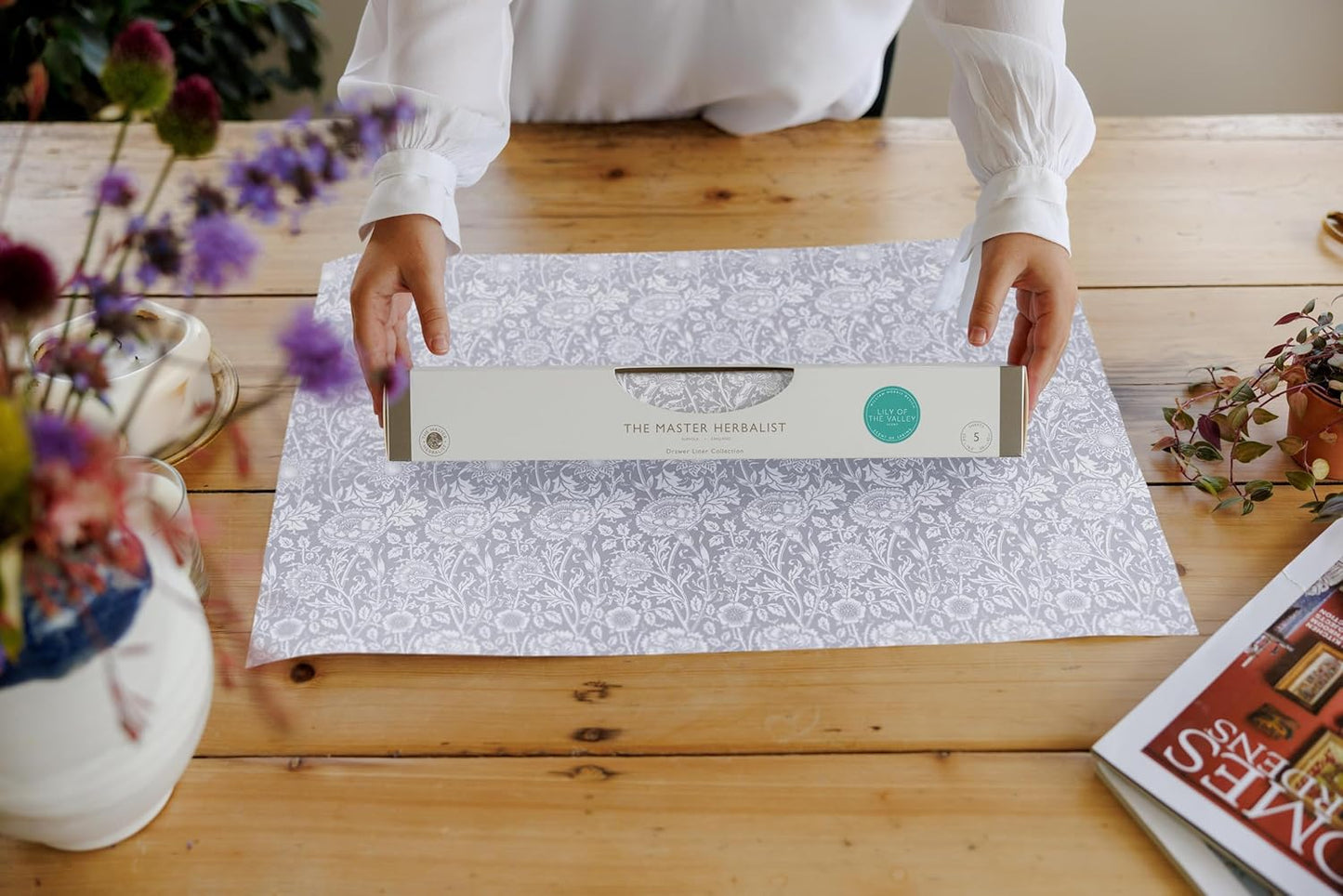 Fragrant LILY OF THE VALLEY Scented Drawer Liners in a GREY William Morris Design