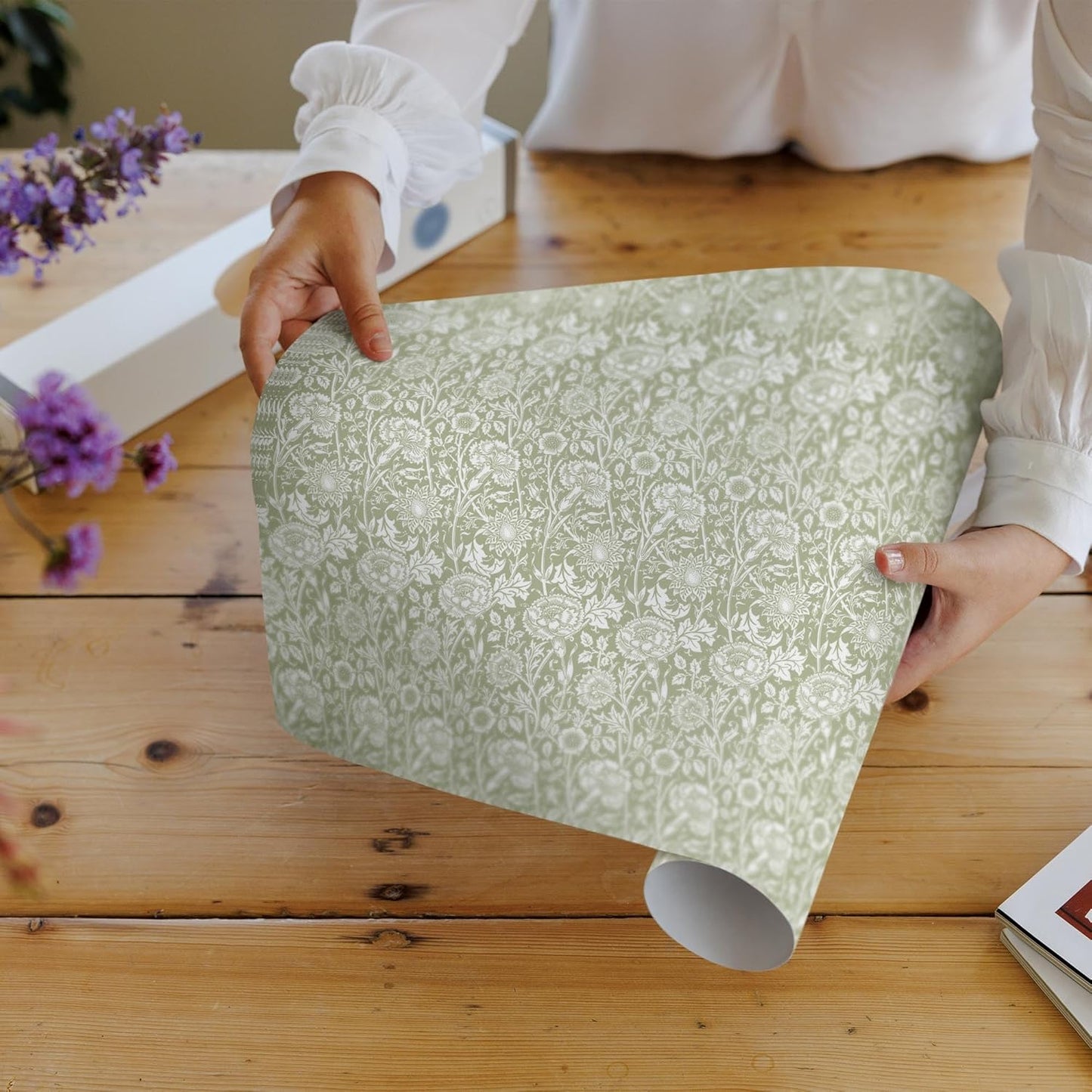 Fragrant FRESH LINEN Scented Drawer Liners in a SAGE GREEN William Morris Design