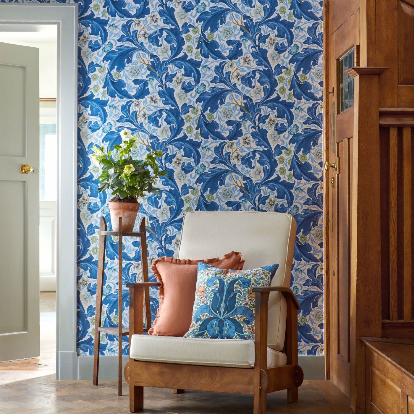 Spring Thicket Fabric - Paradise Blue/Peach - 227207 - Morris & Co