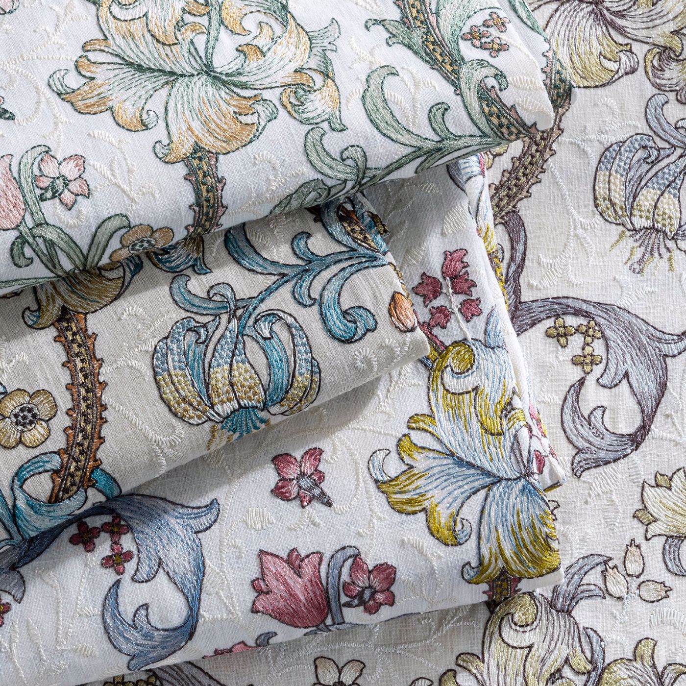 Golden Lily Embroidery Fabric - Plum/Denim - F1742/04 - Clarke & Clarke