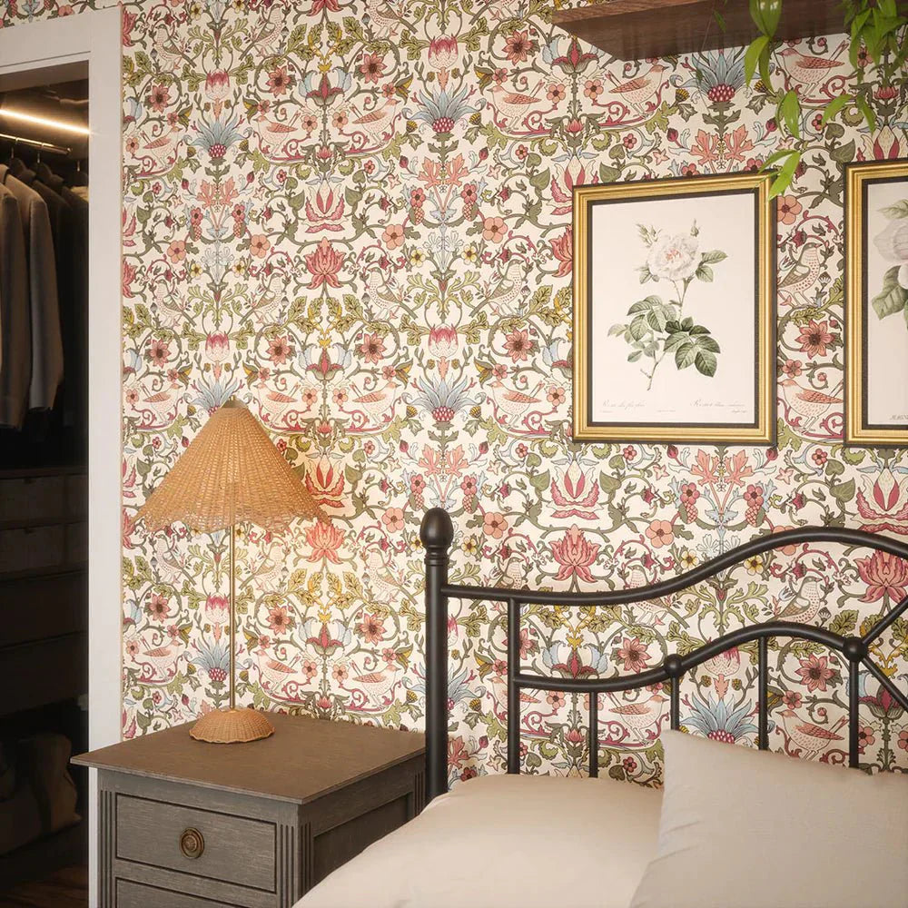 Garden Visitors Wallpaper - Raspberry, Mineral and Olive on Windsor Cream - LAN100009 - Lucie Annabel - Premier Wallcovering