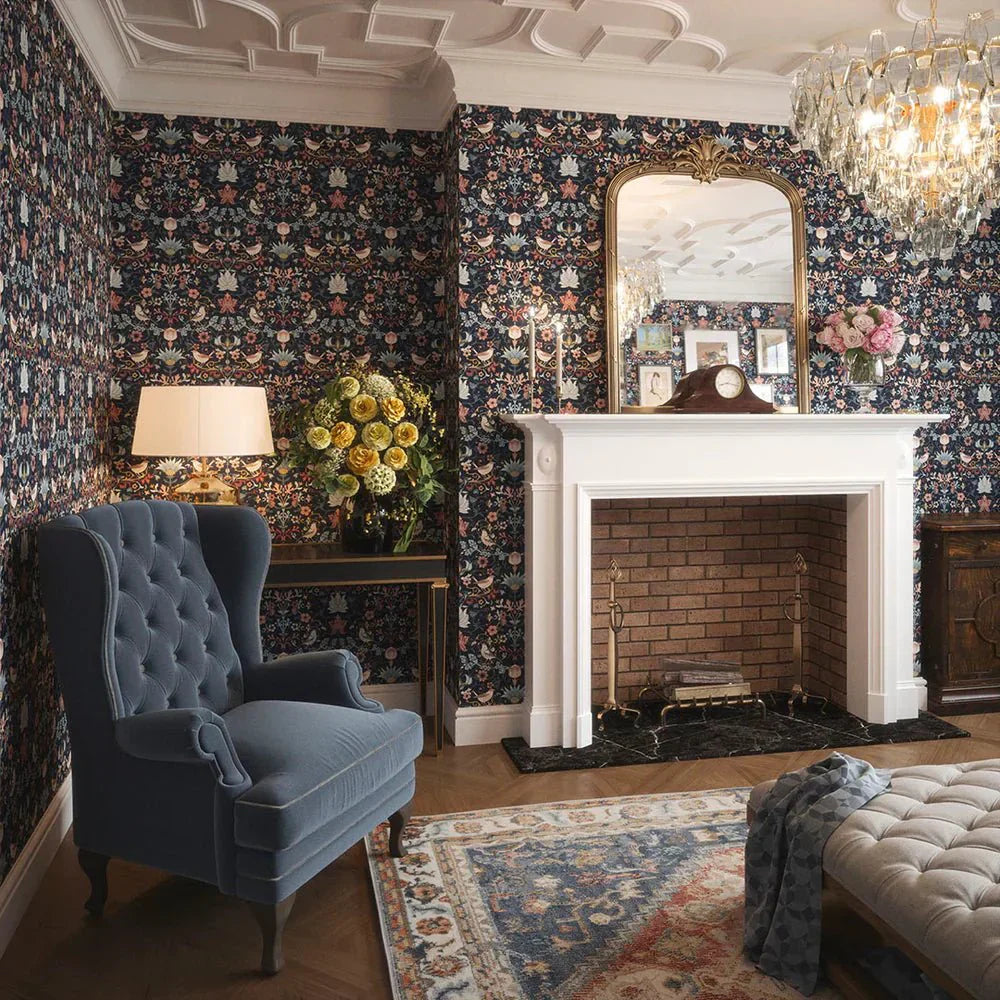 Garden Visitors Wallpaper - Shades of Rose and Mineral on Royal Navy - LAN100008 - Lucie Annabel - Premier Wallcovering