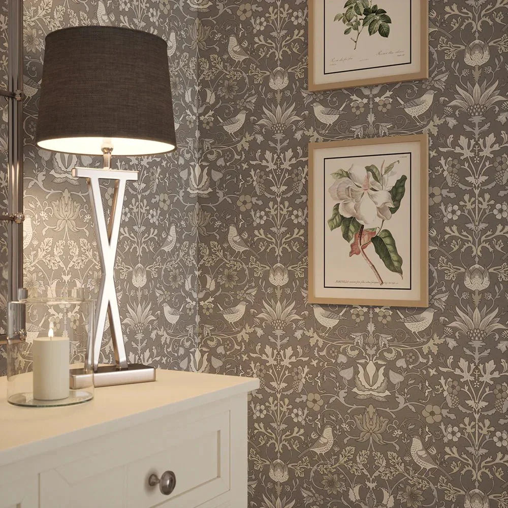 Garden Visitors Wallpaper - Earl Blue and Vintage Cream on Earl Grey - LAN100082 - Lucie Annabel - Premier Wallcovering