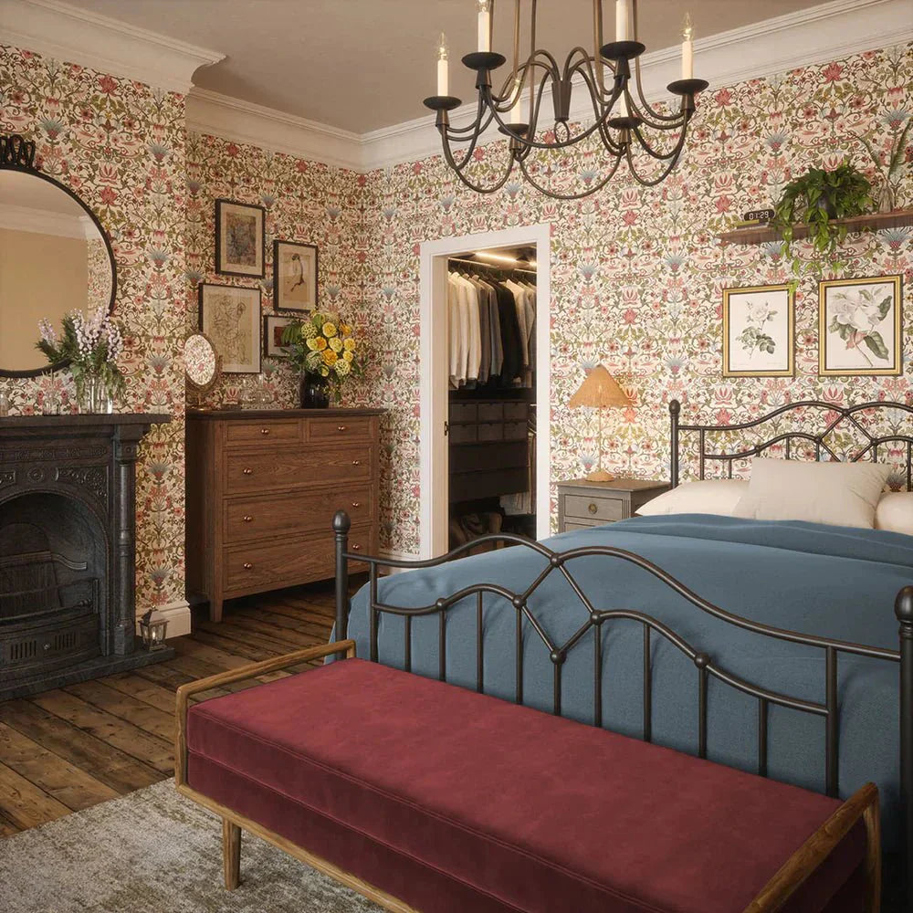 Garden Visitors Wallpaper - Raspberry, Mineral and Olive on Windsor Cream - LAN100009 - Lucie Annabel - Premier Wallcovering