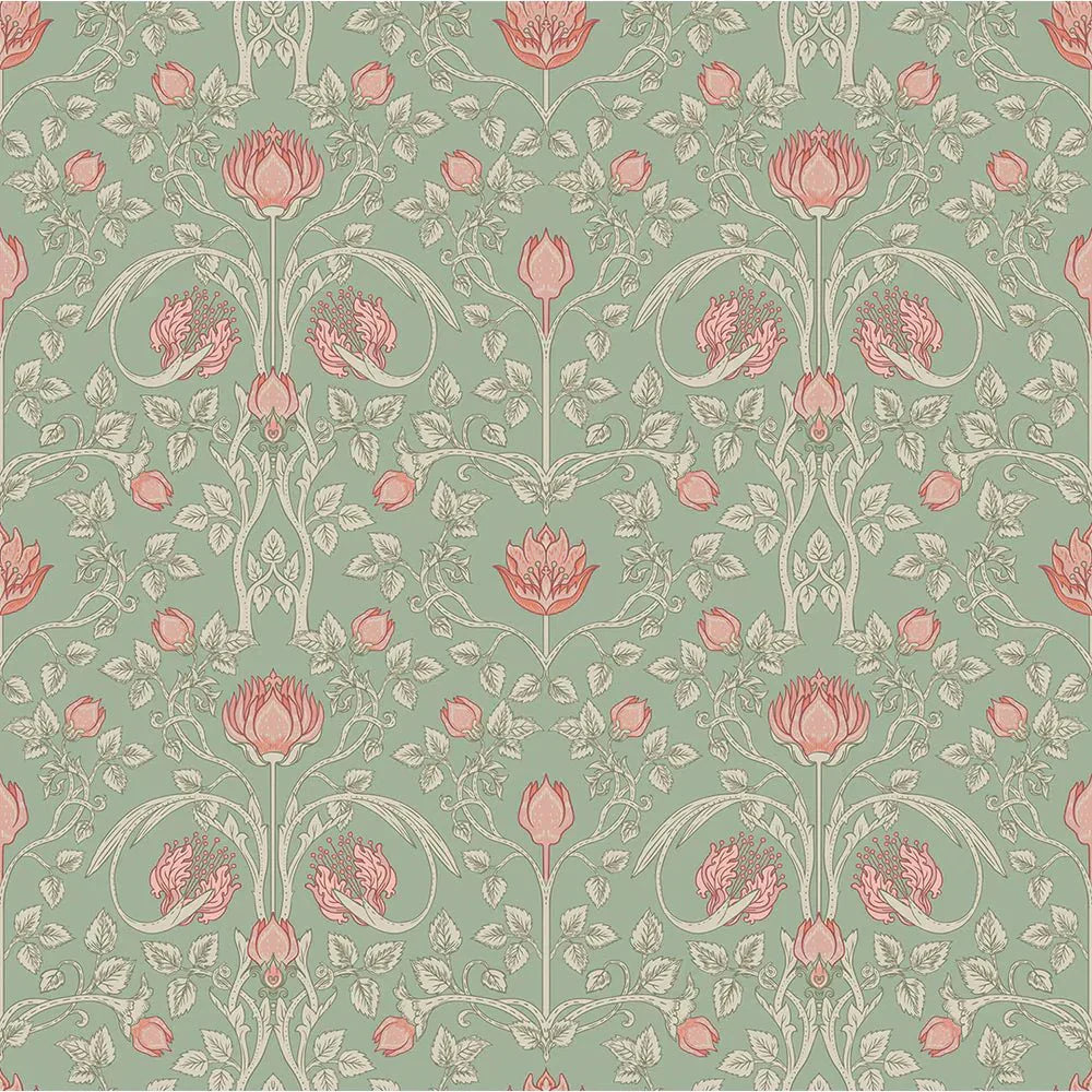 Tulip Garden Wallpaper - Blushing Peach on Green Tea - LAN100039 - Lucie Annabel - Premier Wallcovering