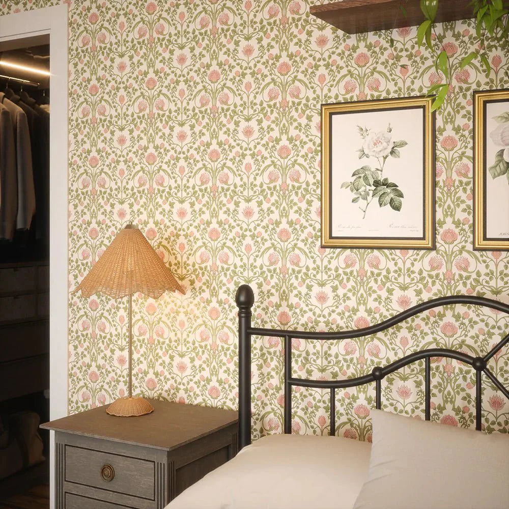 Tulip Garden Wallpaper - Sweet Pink and Olive on Cream - LAN100036 - Lucie Annabel - Premier Wallcovering