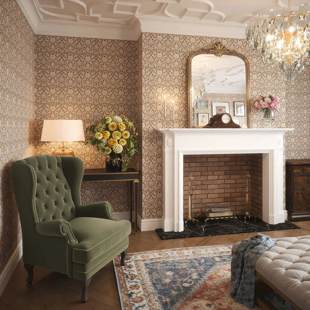 Tulip Garden Wallpaper - Mineral and Forest Green on Vintage Rose - LAN100038 - Lucie Annabel - Premier Wallcovering