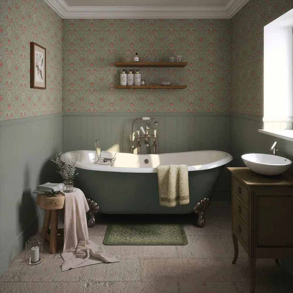 Tulip Garden Wallpaper - Blushing Peach on Green Tea - LAN100039 - Lucie Annabel - Premier Wallcovering