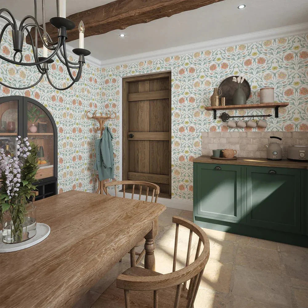 Vintage Trellis Wallpaper - Silt Green, Peach and Yellow - LAN100092 - Lucie Annabel - Premier Wallcovering