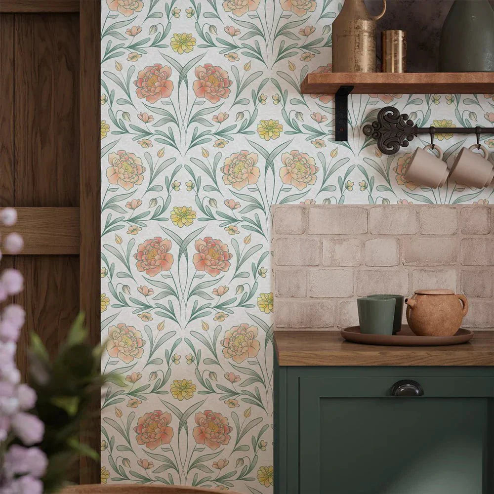 Vintage Trellis Wallpaper - Silt Green, Peach and Yellow - LAN100092 - Lucie Annabel - Premier Wallcovering